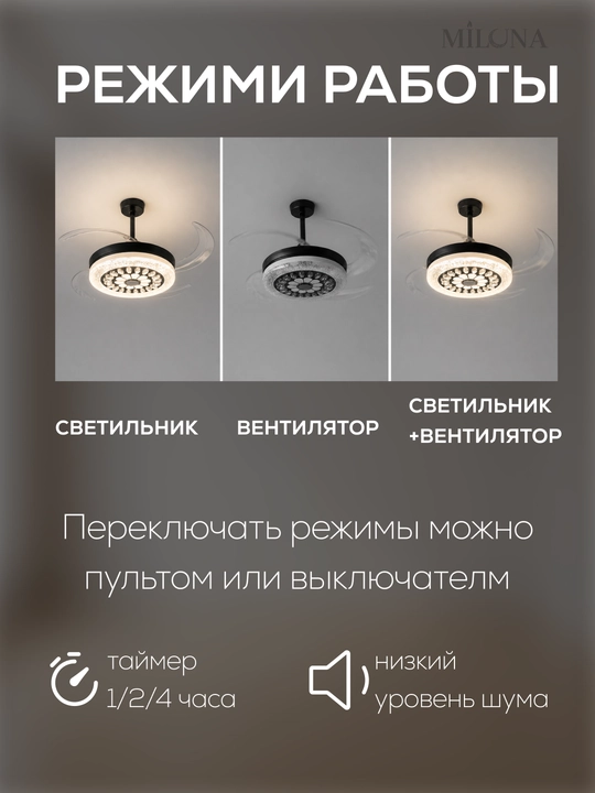 Lyustra shift ventilyatorli LED 90 sm, pultli, 3 rejim, Bluetooth kolonka qandil va lustra