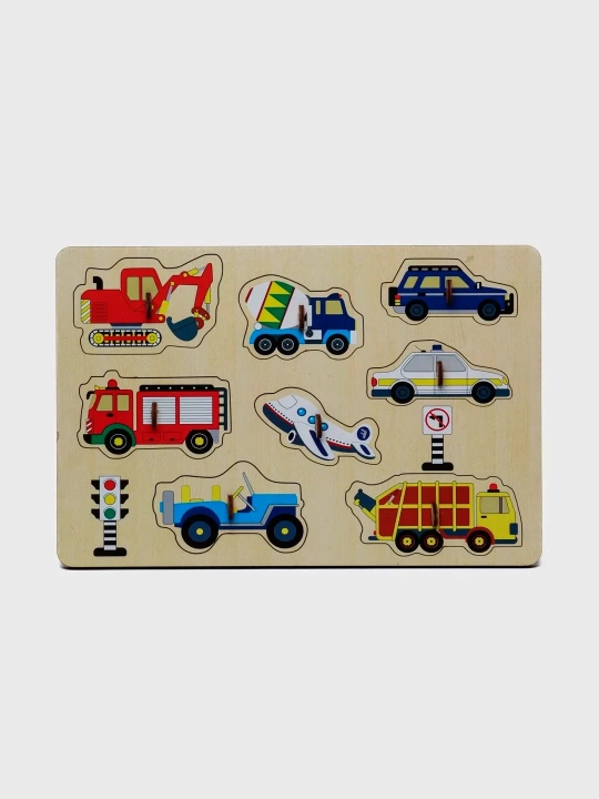 Yog'och "Transport" puzzli - 9 ta mashina va 2 ta belgi bilan