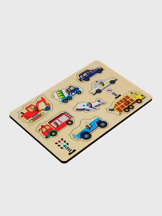 Yog'och "Transport" puzzli - 9 ta mashina va 2 ta belgi bilan