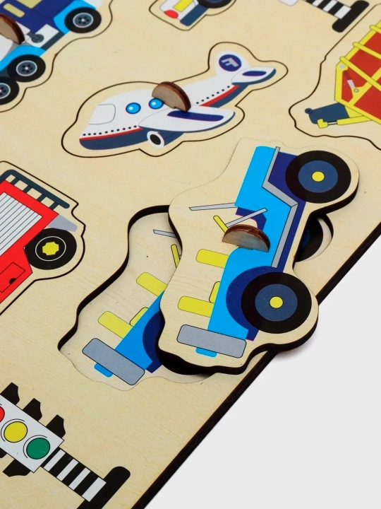 Yog'och "Transport" puzzli - 9 ta mashina va 2 ta belgi bilan
