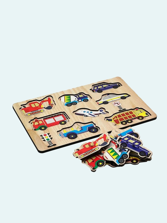 Yog'och "Transport" puzzli - 9 ta mashina va 2 ta belgi bilan