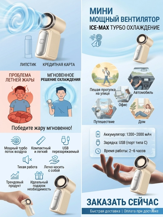 Мини портативный вентилятор ICE-MAX Turbo, мощный обдув, карманный, USB зарядка - 