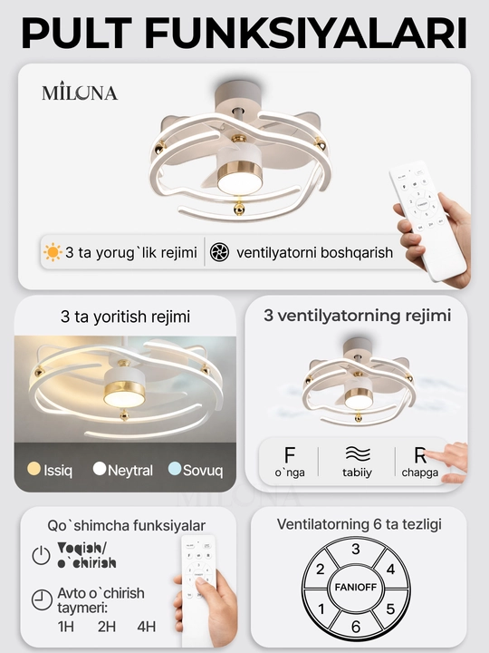 Lyustra LED ventilyator , pultli boshqaruv, 3 rejim yoritish, 6 tezlik,taymer, 30 m² gacha
