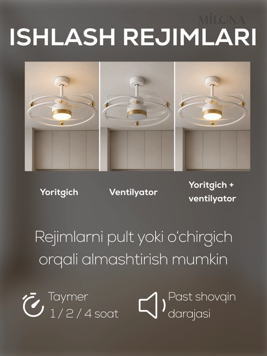 Lyustra LED ventilyator , pultli boshqaruv, 3 rejim yoritish, 6 tezlik,taymer, 30 m² gacha