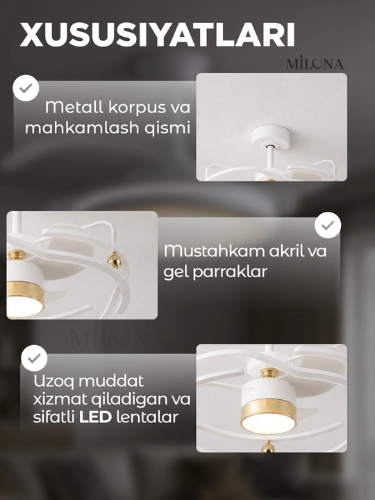 Lyustra LED ventilyator , pultli boshqaruv, 3 rejim yoritish, 6 tezlik,taymer, 30 m² gacha