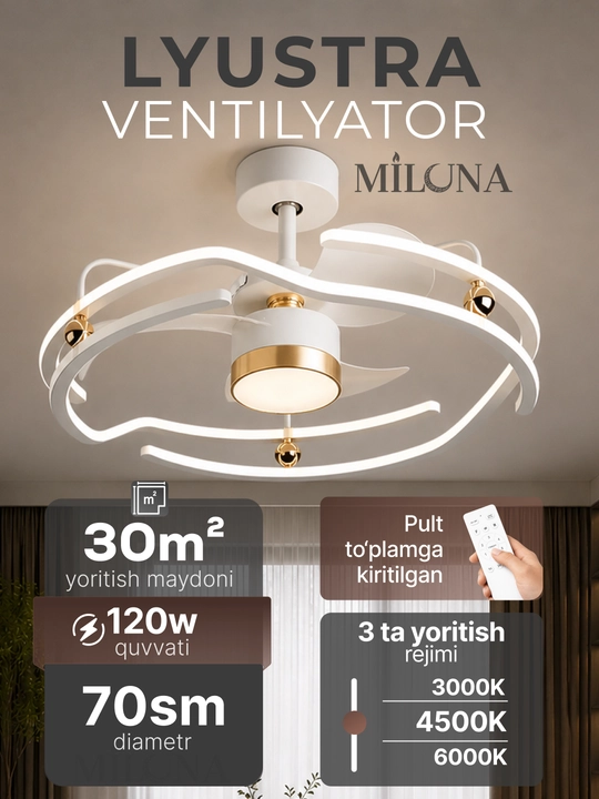 Lyustra LED ventilyator , pultli boshqaruv, 3 rejim yoritish, 6 tezlik,taymer, 30 m² gacha - 