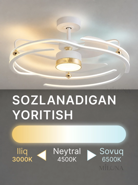 Lyustra LED ventilyator , pultli boshqaruv, 3 rejim yoritish, 6 tezlik,taymer, 30 m² gacha