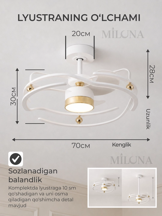 Lyustra LED ventilyator , pultli boshqaruv, 3 rejim yoritish, 6 tezlik,taymer, 30 m² gacha