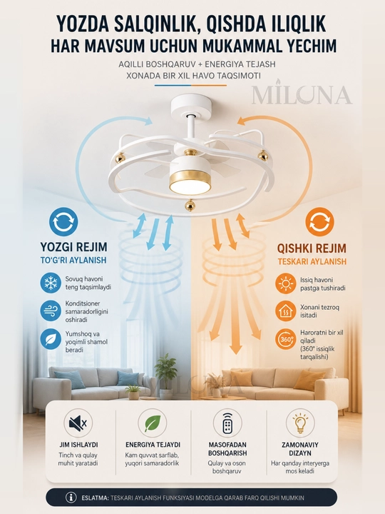 Lyustra LED ventilyator , pultli boshqaruv, 3 rejim yoritish, 6 tezlik,taymer, 30 m² gacha
