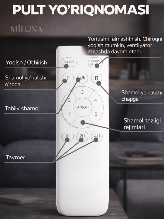 Lyustra LED ventilyator , pultli boshqaruv, 3 rejim yoritish, 6 tezlik,taymer, 30 m² gacha