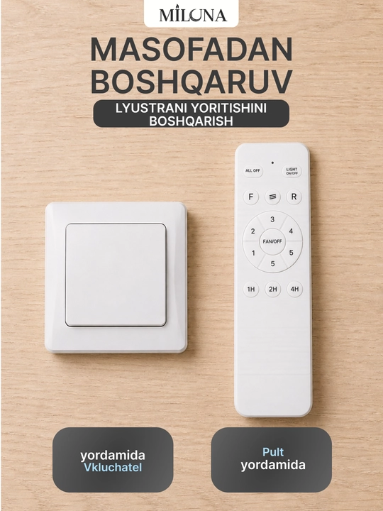 Lyustra LED ventilyator , pultli boshqaruv, 3 rejim yoritish, 6 tezlik,taymer, 30 m² gacha