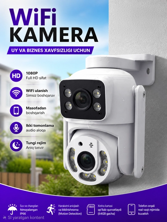 Smart Wi-Fi kamera, PTZ kuzatuv kamerasi, Full HD tashqi kamera