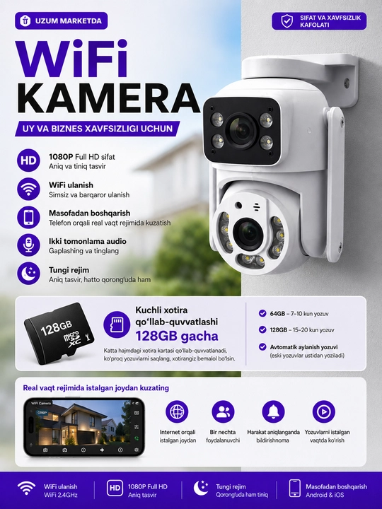 Smart Wi-Fi kamera, PTZ kuzatuv kamerasi, Full HD tashqi kamera