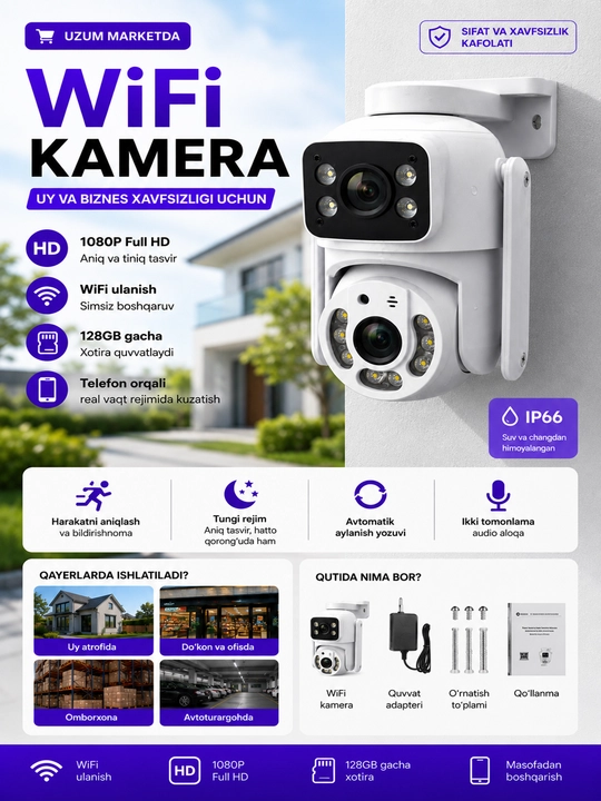 Smart Wi-Fi kamera, PTZ kuzatuv kamerasi, Full HD tashqi kamera