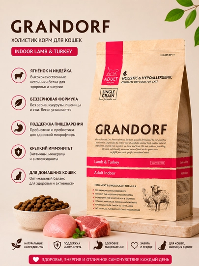 Сухой корм для домашних кошек Grandorf Adult Indoor с ягненком и индейкой, 2 кг