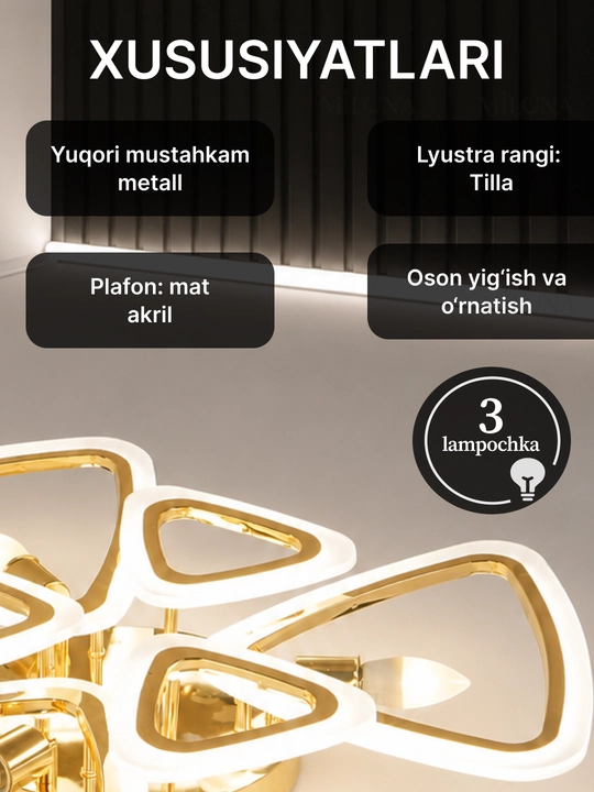 Qandil LED lyustra, pultli boshqaruv, 3 yorug'lik rejimi, uy va ofis uchun lyustra
