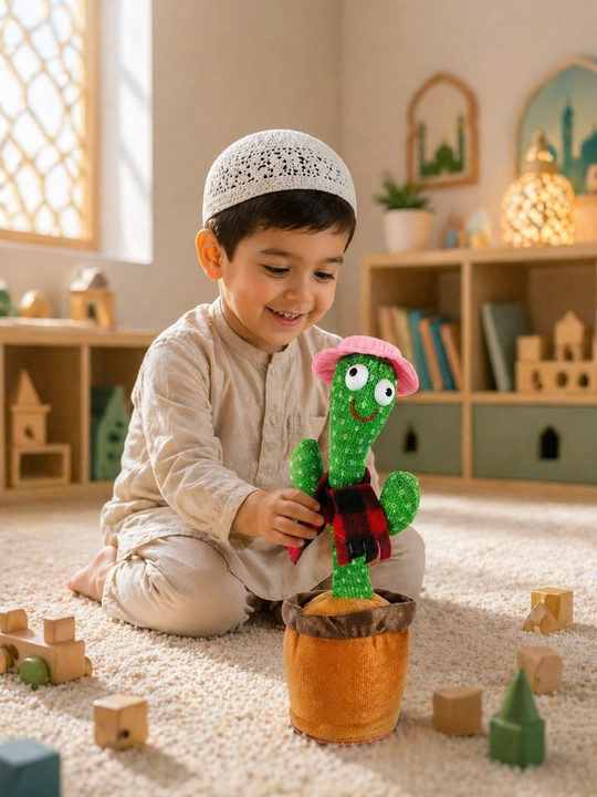 Musiqali kaktus raqsga tushmoqda, ovozi takrorlanmoqda, yumshoq o‘yinchoq