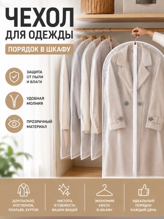 Чехол для одежды подвесной на молнии, прозрачный органайзер для хранения в шкафу 5 штук - 