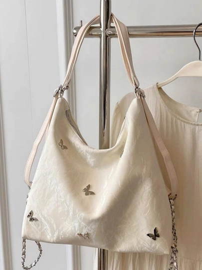 Женская сумка-хобо на плечо из экокожи с декоративными бабочками — VIBEBAG-KAPALAKLISUMKA-МОЛОЧ