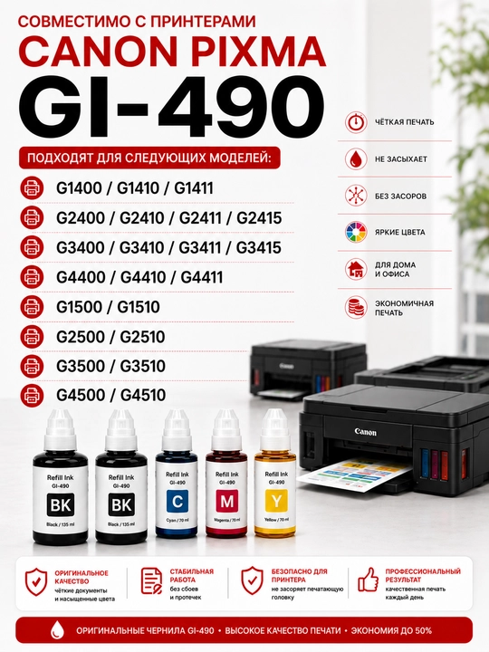 Чернила Canon GI-490 Refill Ink BK C M Y для PIXMA G1400 G2411 G3411