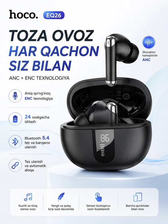 Hoco EQ26 simsiz quloqchinlari, ANC + ENC shovqinni bosish funksiyasi bilan - 