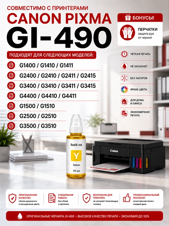 Чернила Canon GI-490 Refill Ink BK C M Y для PIXMA G1400 G2411 G3411