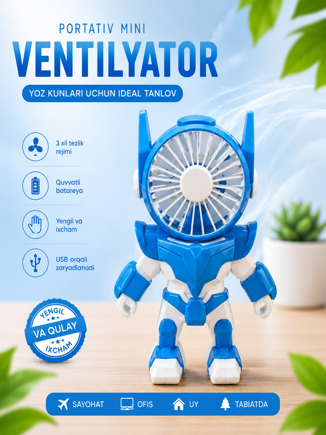 Mini qo‘l ventilyatori robot dizayn bolalar uchun USB zaryadkali portativ sovutgich - 