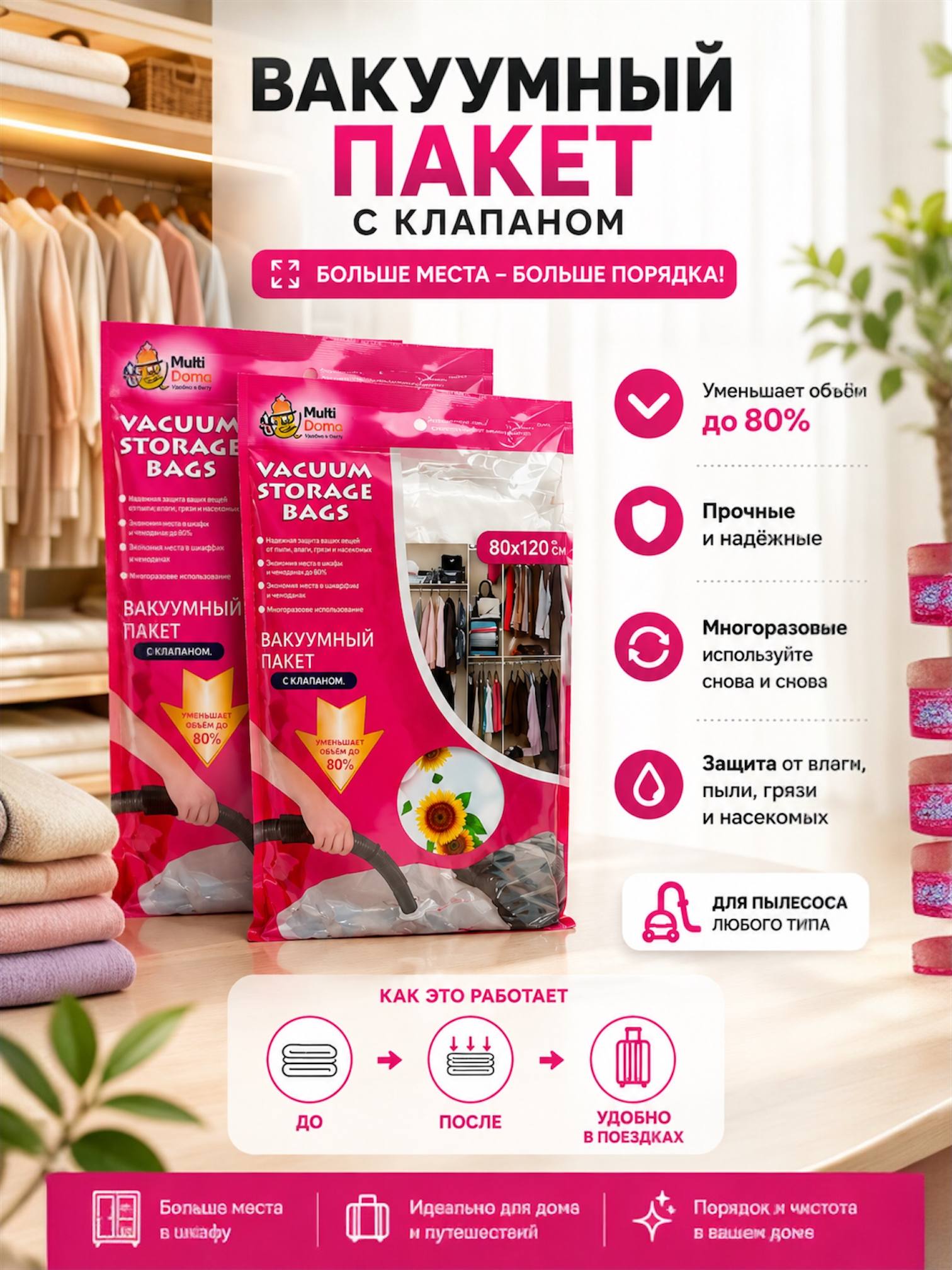 Вакуумный пакет-мешок, для хранения вещей и одежды - 
