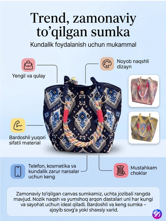Qizlar va ayollar uchun milliy , kundalik sumka, milliy naqshli sumka sovg’a uchun