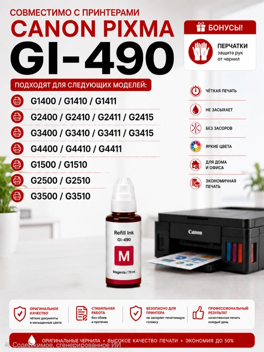 Чернила Canon GI-490 Refill Ink BK C M Y для PIXMA G1400 G2411 G3411
