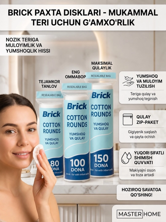 Paxta disklari BRICK, 80,100,150 dona 100% tabiiy paxta, ikki tomonlama, tikilgan hoshiya