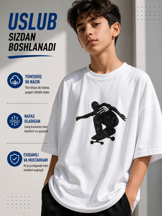 O'g'il bolalar uchun futbolka yozgi yengi kalta, oversize, 100% XB matodan - 