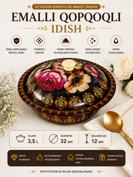 Qopqoqli sirlangan idish 3.5L - taomlarni tortish uchun dekorativ idish - 