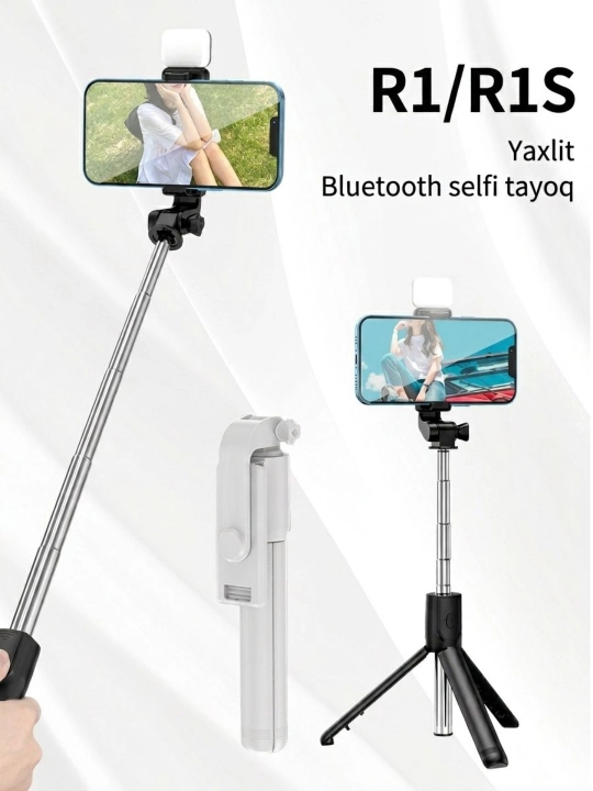 Selfie Stick Tripod R1S-L — Chiroqli va masofaviy boshqaruv pultiga ega universal monopod