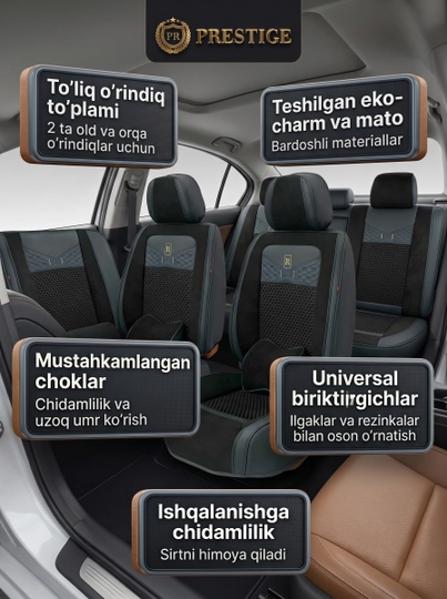 Eko charmdan tayyorlangan avtomobil o‘rindiqlari uchun universal yostiqli g‘iloflar