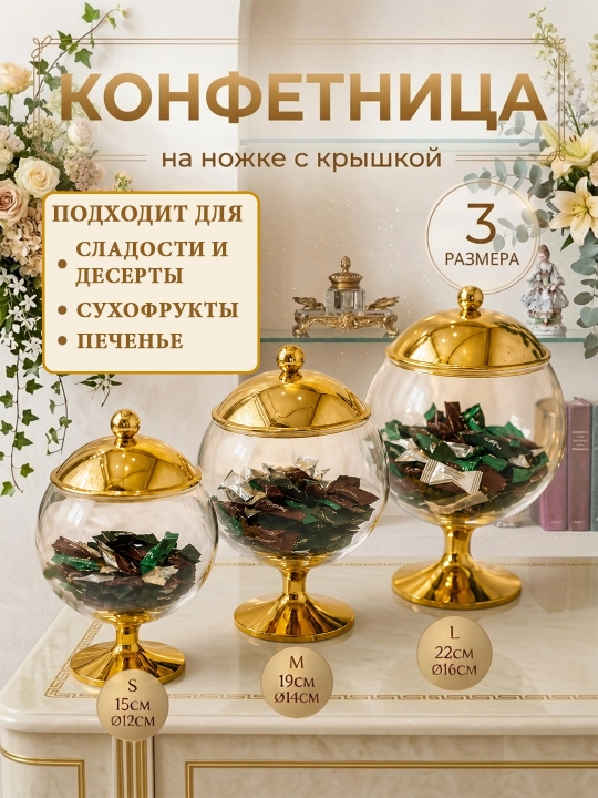 Конфетница акрил на ножке с крышкой — ваза шар для конфет, сладостей и сервировки стола - 