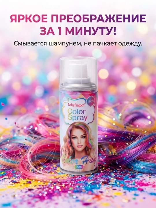 Спрей-краска для волос детская, смываемая водой, временная, 120 мл, 6 ярких цветов