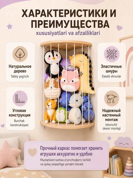 Угловая полка - органайзер для мягких игрушек, настенная подвесная, деревянная, 112–180 см