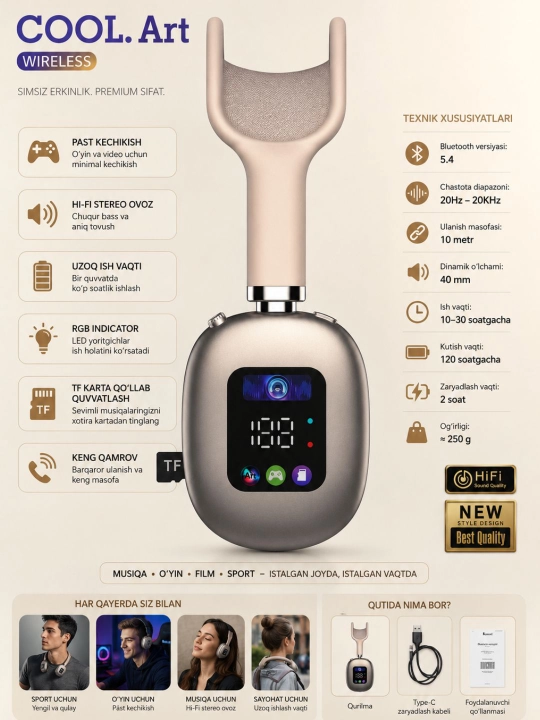 Simsiz quloqchin,AKZ Max500 ekranli simsiz  quloqchin, stereo, bassli, bluetooth naushnik