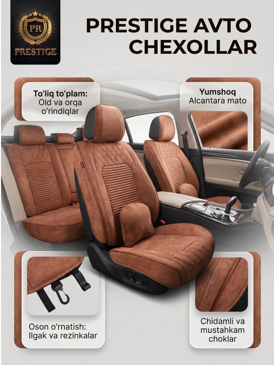 12. Avtomobil chexoli to'plam yostiqlari bilan — Alcantara Velur, old va orqa o'rindiq - 