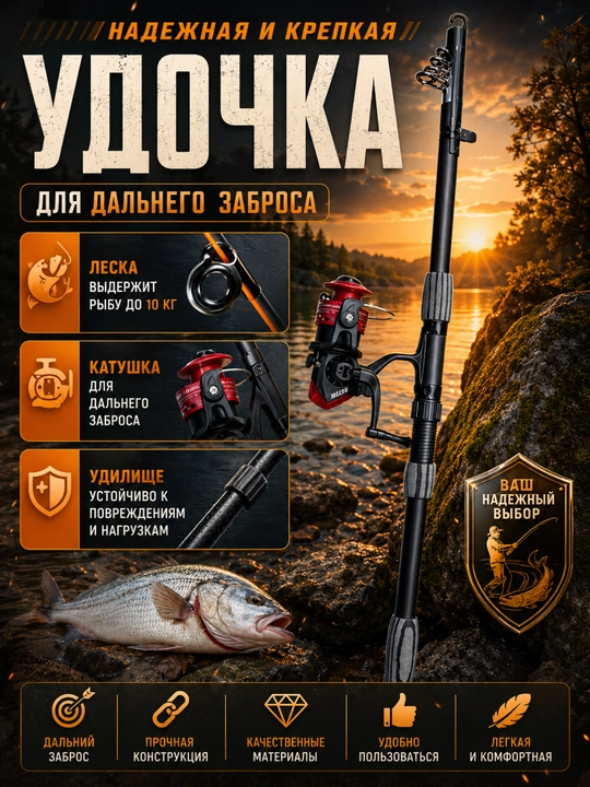 Cпиннинг для рыбалки, телескопическое, компактное удилище в сборе