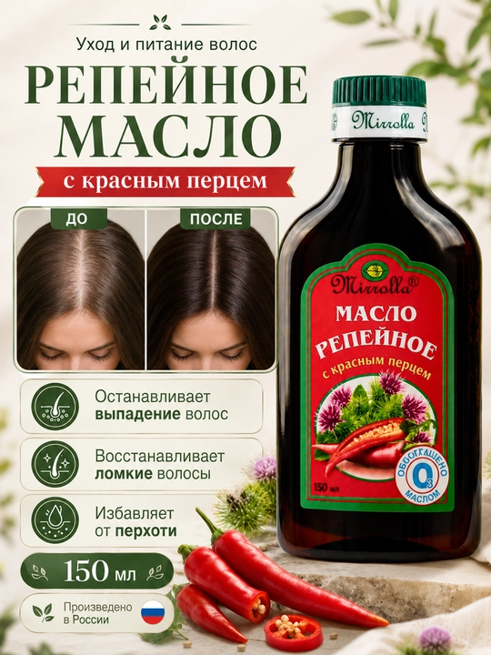 Масло репейное для волос Mirrolla, с красным перцем, 150 и 100 мл - 
