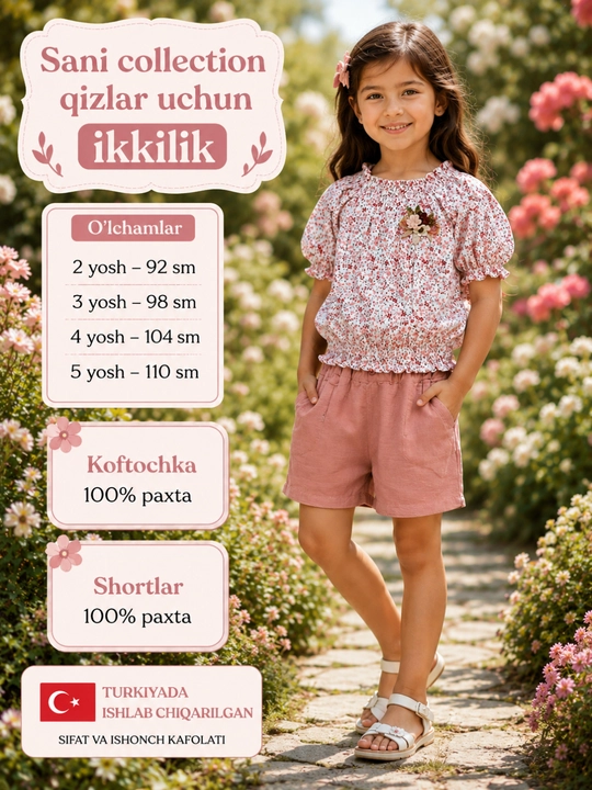 Летний комплект для девочек блузка и шортик, 100% хлопок, Sani collection - 