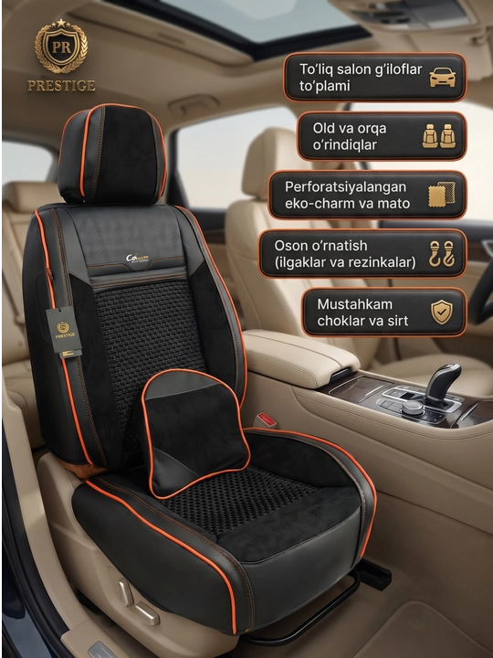 13. Avtomobil chexoli to'plam yostiq bilan — perforatsiyalangan eko-charm, old va orqa