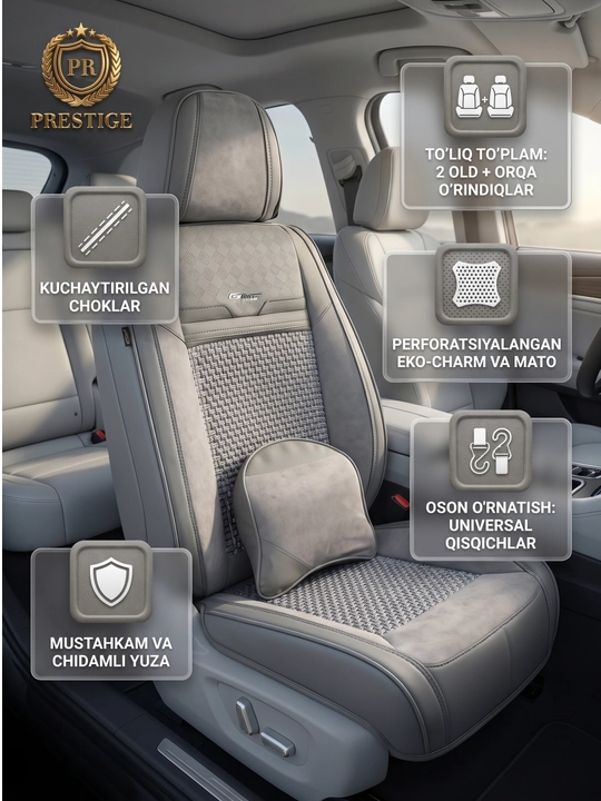 13. Avtomobil chexoli to'plam yostiq bilan — perforatsiyalangan eko-charm, old va orqa