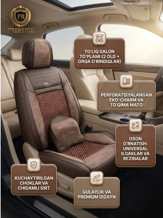 13. Avtomobil chexoli to'plam yostiq bilan — perforatsiyalangan eko-charm, old va orqa