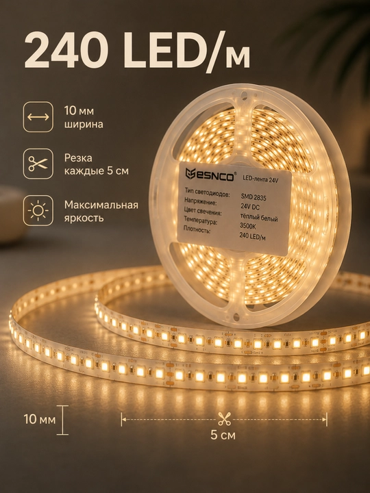 LED lenta 24V 5m SMD2835 120/240 LED 8mm 3 rang IP20/IP65 blokli yoki bloksiz