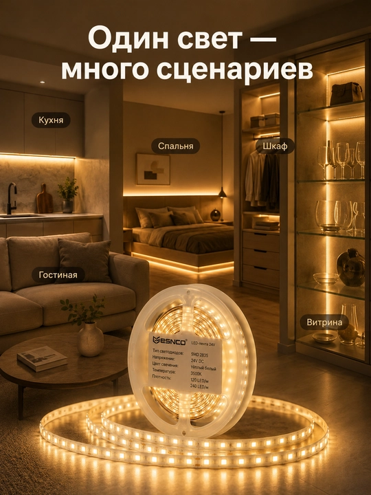 LED lenta 24V 5m SMD2835 120/240 LED 8mm 3 rang IP20/IP65 blokli yoki bloksiz