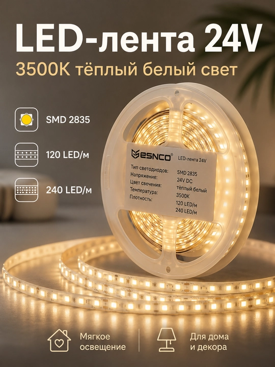 LED lenta 24V 5m SMD2835 120/240 LED 8mm 3 rang IP20/IP65 blokli yoki bloksiz - 