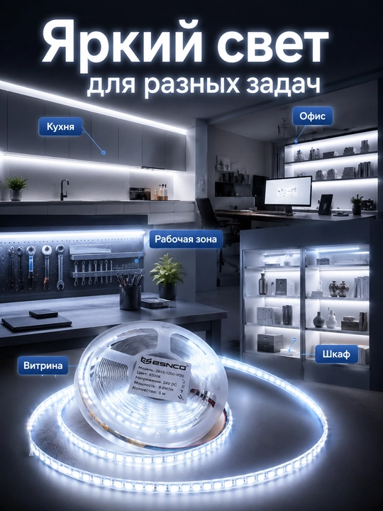 LED lenta 24V 5m SMD2835 120/240 LED 8mm 3 rang IP20/IP65 blokli yoki bloksiz